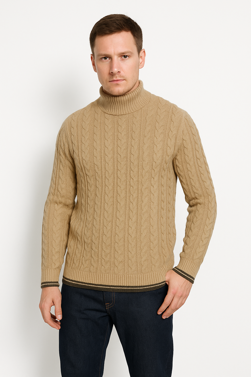 OLYMP modern fit trui wolmengsel, kabeltrui, turtleneck, beige